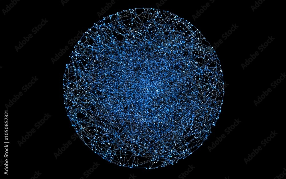 Poster a digital representation of a complex network structure with interconnected nodes illuminated in blu