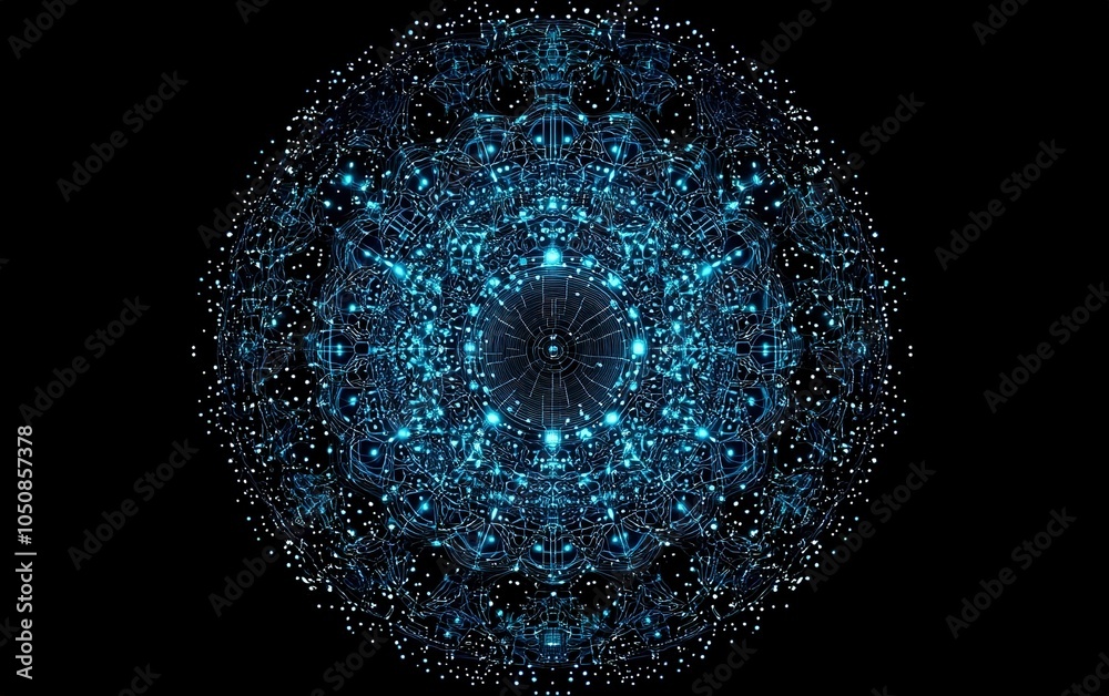 Poster abstract digital spherical design with intricate patterns and illuminated nodes on a dark background