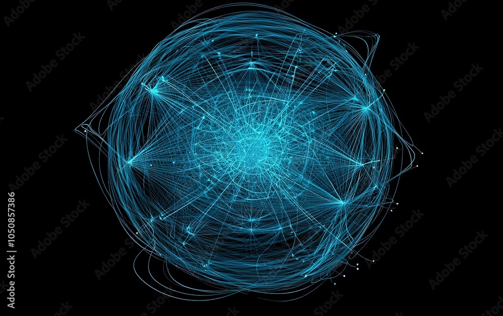 Poster visualization of interconnected particles representing a complex network in a dark background