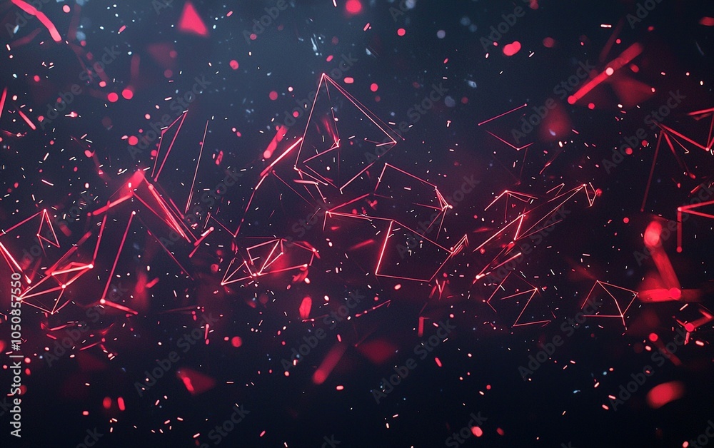 Poster dynamic red geometric shapes breaking apart in a dark space background creating an abstract visual e
