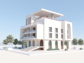 Fototapeta premium Modern architectural design of a spacious white building with unique features and outdoor terraces, set against a clear sky