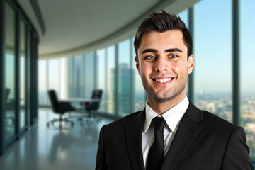 Young businessman smiling in modern office building