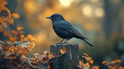 Fototapeta premium A black bird perched on a wooden post with a blurred background of autumn leaves.