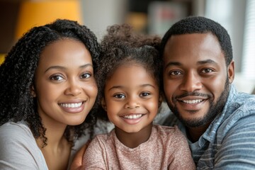 Young family smiling happily in their living room at home, Generative AI