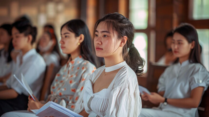 Young Asian women attentively participating in a university seminar, representing academic engagement and higher education in Asia.