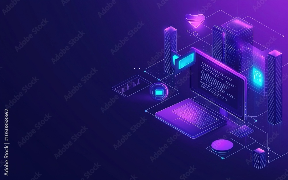Poster high-tech workspace showcasing modern digital tools and data visualization in a futuristic setting