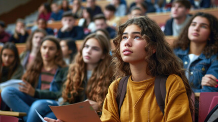 Obraz premium Caucasian female student focused intently during a university lecture among peers, illustrating active academic engagement.