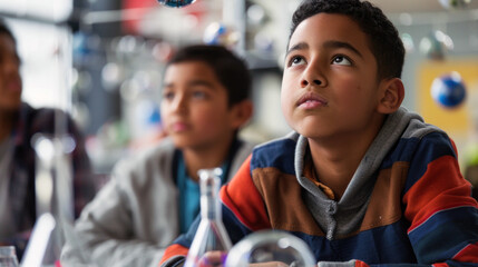 Mixed race boy looking curious in a science class, surrounded by peers, engaging with educational experiments.