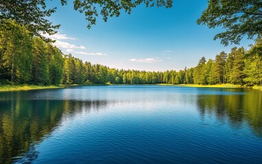 Fototapeta premium A peaceful lake reflecting blue skies and lush greenery under bright sunlight in summer