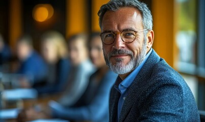 Fototapeta premium Mature manager leading a discussion in a boardroom, Generative AI