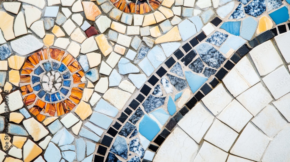 Poster A powerful visual of a series of unique and varied mosaic tiles coming together to form a unified, intricate design on a clean background, Representing how individual pieces contribute to a larger