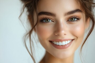 Naklejka premium Woman with makeup smiling in a studio, Generative AI