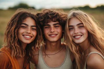 Fototapeta premium Gen Z friends displaying gender pronouns he, she, and him together outdoors, Generative AI
