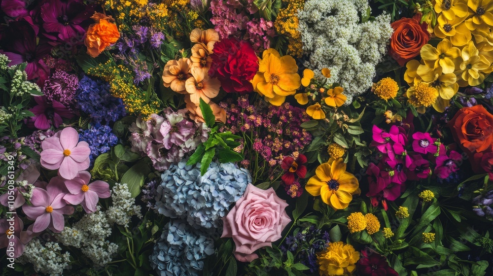 Poster a powerful visual of a vibrant spectrum of different flowers blooming together in a garden, symboliz