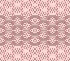 Vector pink and beige geometric seamless pattern with lines, grid, lattice, net, hexagons, repeat tiles. Abstract linear background. Simple graphic texture. Design for decor, print, textile, wrapping