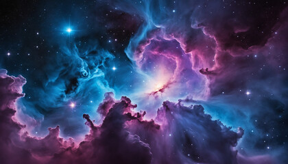 Glowing cosmic nebula, with layers of blue, purple, and magenta clouds of gas, and scattered stars.