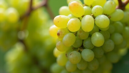 Fresh green grapes on the vine translucent and juicy