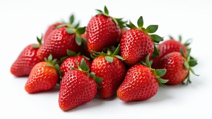 Fresh ripe strawberries with stems and seeds on a white background