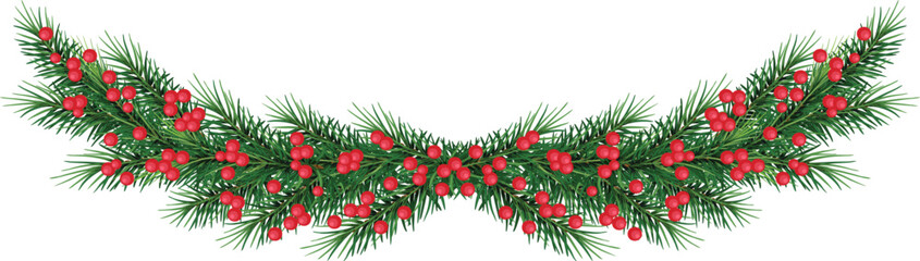 Christmas Garland With decorative red berries. Xmas. Christmas element, green leaves, pine trees. Vector. Eps 10