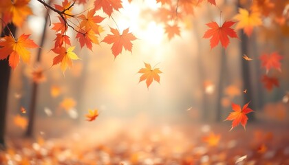 Fototapeta premium Colorful autumn leaves falling gently to the ground, showcasing vibrant reds, oranges, and yellows against a soft, blurred background of trees, capturing the essence of fall.