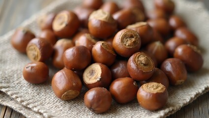 Obraz premium Fresh hazelnuts with shells on rustic cloth