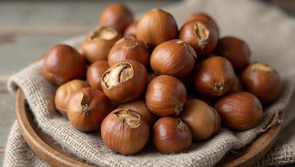 Obraz premium Fresh hazelnuts with shells on rustic cloth