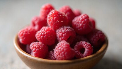 Fresh raspberries in rustic wooden bowl on neutral backdrop