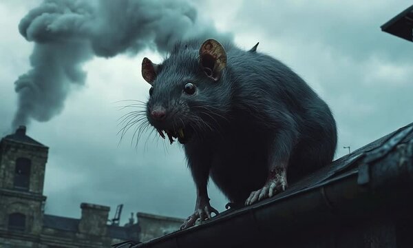 Large ominous rat perched on a rooftop against a dark, cloudy urban skyline, showcasing its sharp teeth and intense gaze
