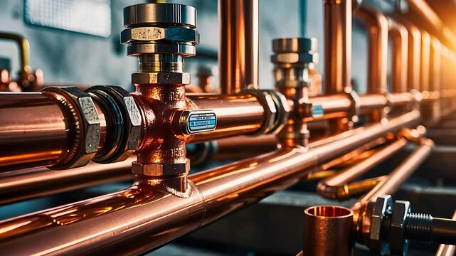 Shiny Copper Pipes in Industrial Setting with Warm Light