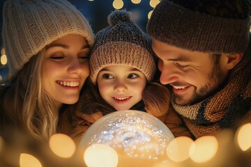 Happy Family Gazing at a Snow Globe During Winter Holidays