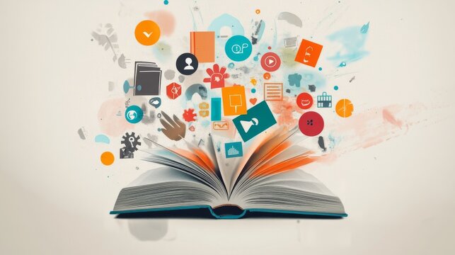 A powerful visual of inclusive storytelling, depicting a book with pages that transform into a diverse range of symbols and icons, Representing the richness of stories from various perspectives