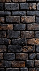 Fototapeta premium Textured dark brick wall with rusty highlights showing age and character in an urban setting