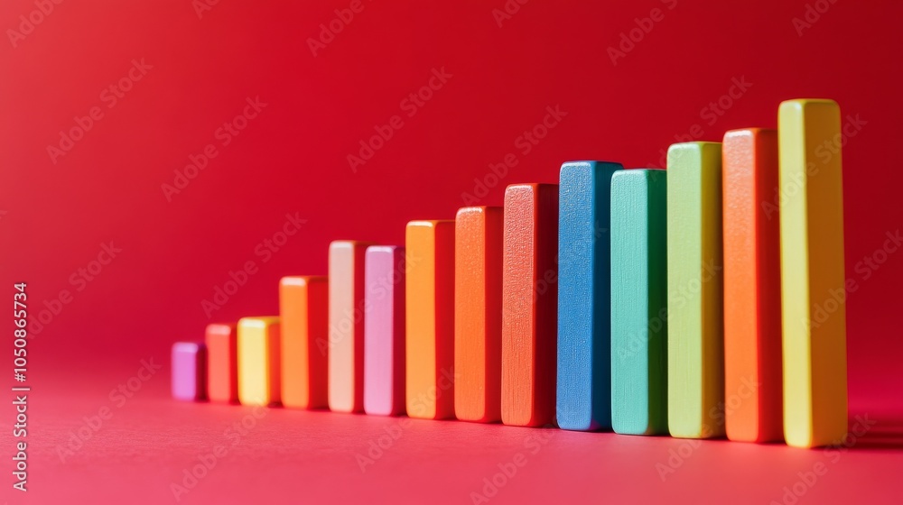 Aufkleber A row of colorful dominoes standing on a solid red background representing diversity and interdependence, Highlighting the chain reaction created by diverse individuals, minimalistic style