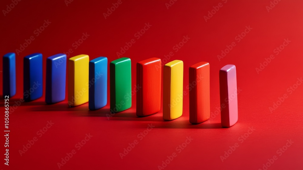 Aufkleber A row of colorful dominoes standing on a solid red background representing diversity and interdependence, Highlighting the chain reaction created by diverse individuals, minimalistic style