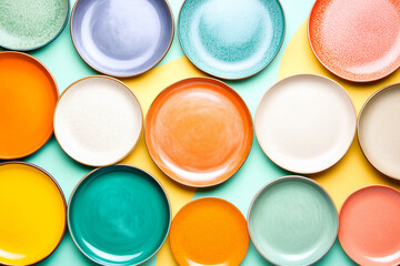 A variety of colorful plates on pastel background, showcasing vibrant designs