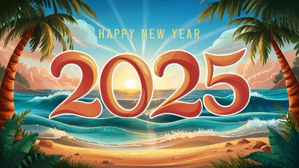 Obraz premium Happy New Year 2025 Greeting celebration party text design Eve Celebration