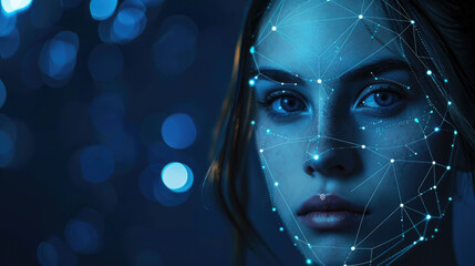 Facial recognition technology, face of young woman with lines of biometric digital data on dark blue background. Concept of identification, person, id, verification