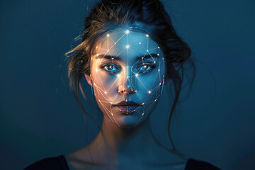 Facial recognition technology, face of young woman with digital glowing lines of biometric data on dark background. Concept of identification, person, id