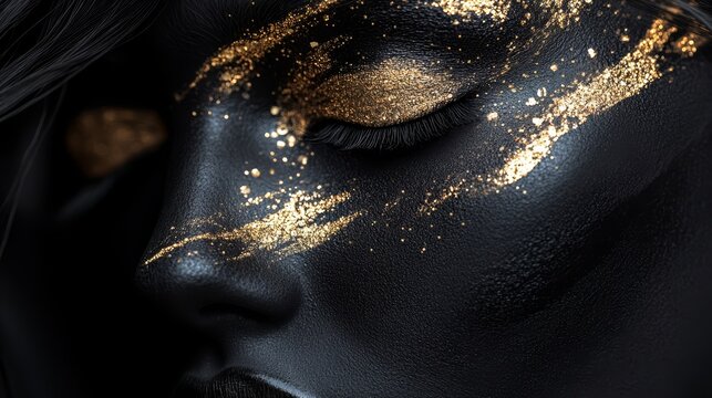 A strikingly beautiful woman adorned with black vantablack and gold makeup, showcasing an abstract and surreal artistic portrayal