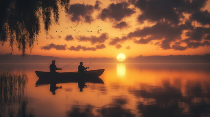 Two Fishermen on a Boat at Sunrise