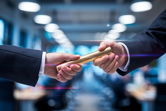 Hands passing relay baton close-up, symbolizing smooth teamwork handover, trust, and collaboration in business; ideal for presentations, websites, and teamwork campaigns.