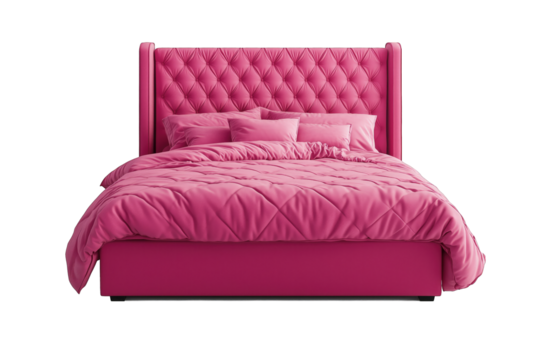 A vibrant pink bed with a tufted headboard and matching bedding set up in a stylish modern bedroom interior for relaxation