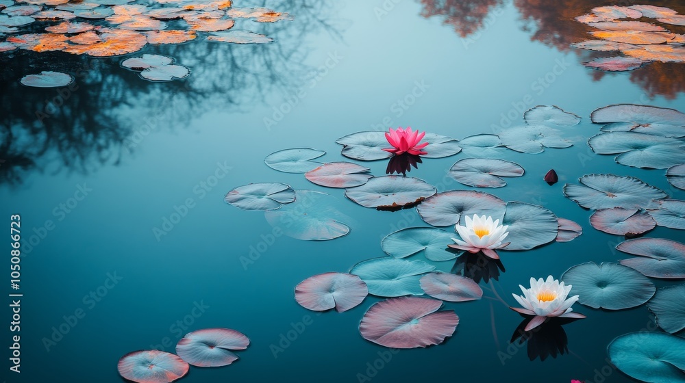 Poster A serene scene of a tranquil lake with different colored lily pads and flowers floating on its surface, Symbolizing the peaceful coexistence and beauty of diverse identities coming together