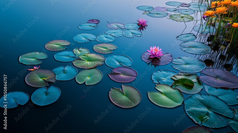 Poster a serene scene of a tranquil lake with different colored lily pads and flowers floating on its surfa