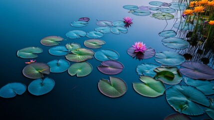 A serene scene of a tranquil lake with different colored lily pads and flowers floating on its surface, Symbolizing the peaceful coexistence and beauty of diverse identities coming together