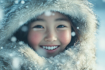 A young smiling mongolian girl wearing a furry coat in the snow