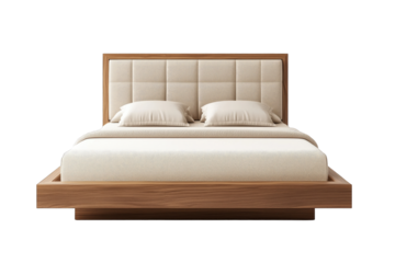Modern wooden bed with upholstered headboard and plush bedding in a minimalist design for a cozy bedroom ambiance