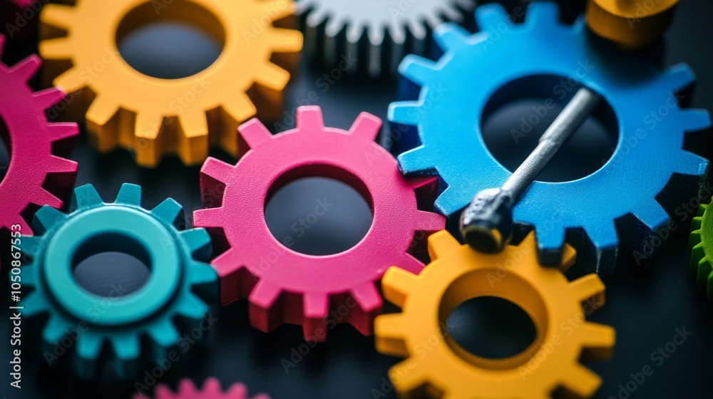 Poster a series of interconnected gears in different colors and sizes, depicting the collaborative mechanis