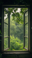 Fototapeta premium View from the window to the rainy forest. 