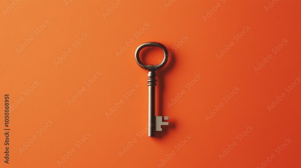 Poster a single key on a bright orange background symbolizing access and opportunity, highlighting the pote